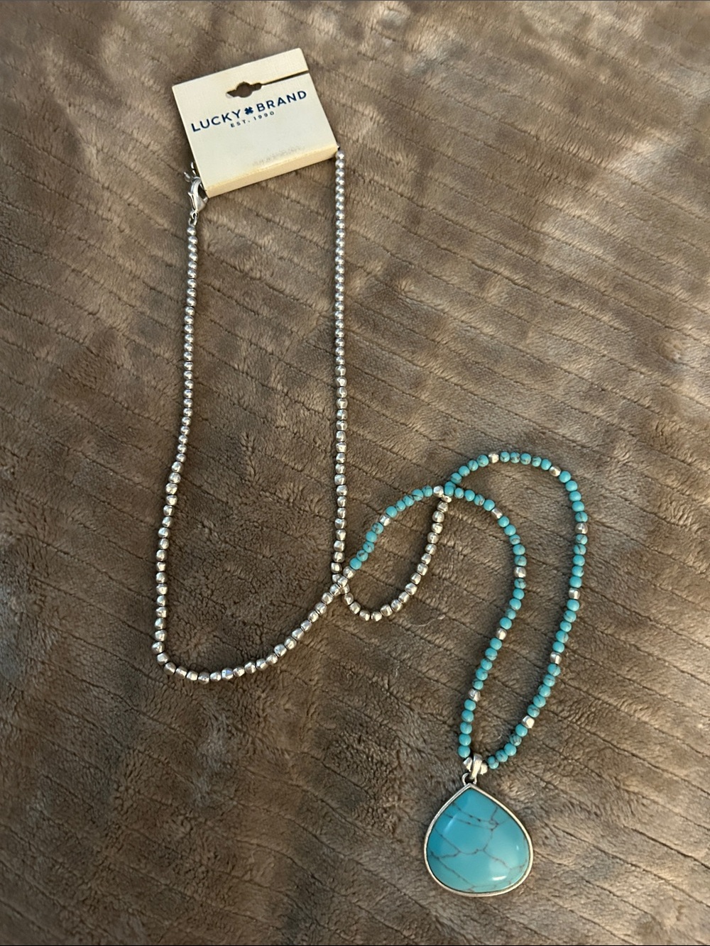 Lucky Brand Silver and Turquoise Beaded Teardrop Necklace $45